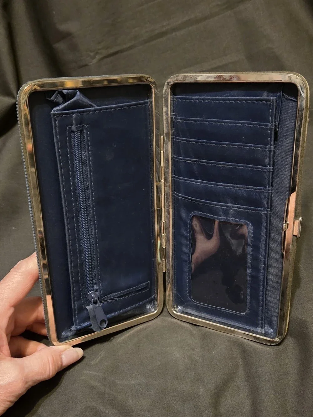 Vintage Corduroy Blue Peace Floral Hard Case Wallet 7 x 3.75 x .5